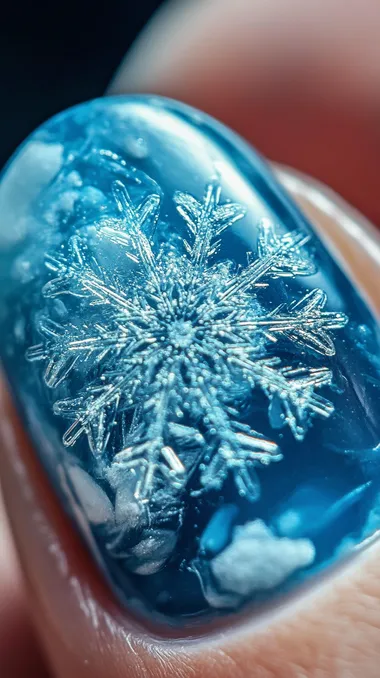 close-up snowflake stamps on a cool blue, white, or silver base nails. The stamps create intricate designs without the need for detailed painting and give a frosty, winter wonderland vibe, nails design, 30mm lens