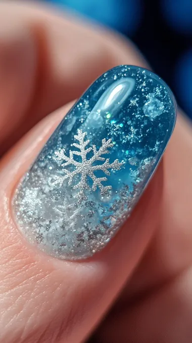 close-up snowflake stamps on a cool blue, white, or silver base nails. The stamps create intricate designs without the need for detailed painting and give a frosty, winter wonderland vibe, nails design, 30mm lens