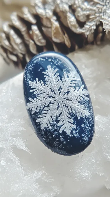 close-up snowflake stamps on a cool blue, white, or silver base nails. The stamps create intricate designs without the need for detailed painting and give a frosty, winter wonderland vibe, nails design, 30mm lens