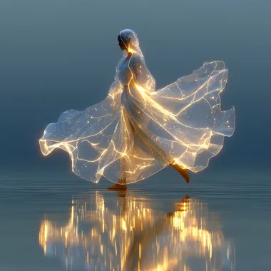3D rendering of an ethereal figure with translucent, flowing robes made from swirling liquid light and energy waves, standing on the surface of water. Soft reflections of ambient lighting on its silhouette, with a background of shimmering white light creating an otherworldly atmosphere. Surrealistic style, with intricate details in the fabric textures and luminous effects, in the style of a surrealist artist. --s 750