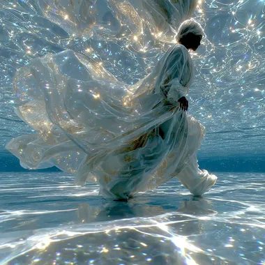 3D rendering of an ethereal figure with translucent, flowing robes made from swirling liquid light and energy waves, standing on the surface of water. Soft reflections of ambient lighting on its silhouette, with a background of shimmering white light creating an otherworldly atmosphere. Surrealistic style, with intricate details in the fabric textures and luminous effects, in the style of a surrealist artist. --s 750