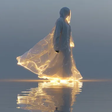 3D rendering of an ethereal figure with translucent, flowing robes made from swirling liquid light and energy waves, standing on the surface of water. Soft reflections of ambient lighting on its silhouette, with a background of shimmering white light creating an otherworldly atmosphere. Surrealistic style, with intricate details in the fabric textures and luminous effects, in the style of a surrealist artist. --s 750