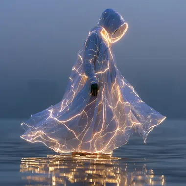 3D rendering of an ethereal figure with translucent, flowing robes made from swirling liquid light and energy waves, standing on the surface of water. Soft reflections of ambient lighting on its silhouette, with a background of shimmering white light creating an otherworldly atmosphere. Surrealistic style, with intricate details in the fabric textures and luminous effects, in the style of a surrealist artist. --s 750
