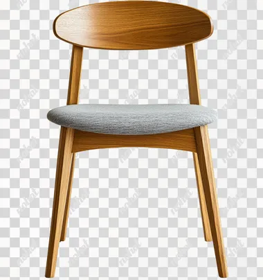 Modern solid wood chair with a gray fabric seat cushion, transparent background PNG element cutout.