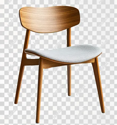 Modern solid wood chair with a gray fabric seat cushion, transparent background PNG element cutout.