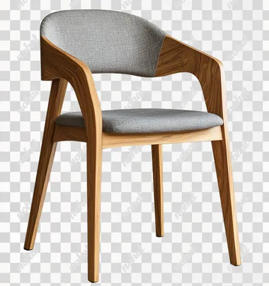 Modern solid wood chair with a gray fabric seat cushion, transparent background PNG element cutout.
