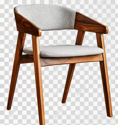 Modern solid wood chair with a gray fabric seat cushion, transparent background PNG element cutout.