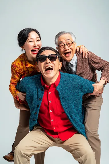 A vibrant and heartwarming scene featuring a 55-year-old realistic Asian Taiwanese male. He wears a bright red shirt under a vivid blue knit vest and tight khaki pants, paired with sleek black sunglasses. He is kneeling on one knee with his back arched and turned sideways, joyfully supporting his elderly parents who are sitting on his back as if steering him. The family radiates happiness, laughing together in a lively and playful moment. The setting is a clean, white photography studio, evoking the feel of a modern family portrait session with a bright and cheerful atmosphere, full of life and energy.