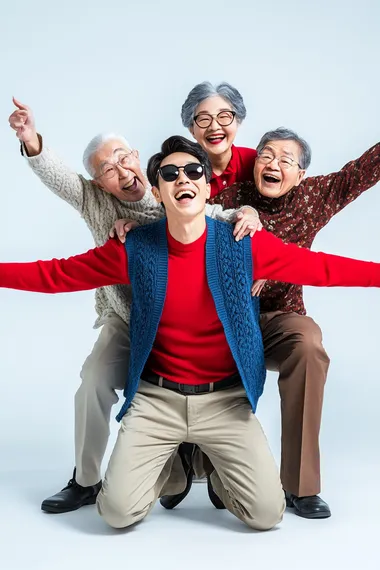 A vibrant and heartwarming scene featuring a 55-year-old realistic Asian Taiwanese male. He wears a bright red shirt under a vivid blue knit vest and tight khaki pants, paired with sleek black sunglasses. He is kneeling on one knee with his back arched and turned sideways, joyfully supporting his elderly parents who are sitting on his back as if steering him. The family radiates happiness, laughing together in a lively and playful moment. The setting is a clean, white photography studio, evoking the feel of a modern family portrait session with a bright and cheerful atmosphere, full of life and energy.
