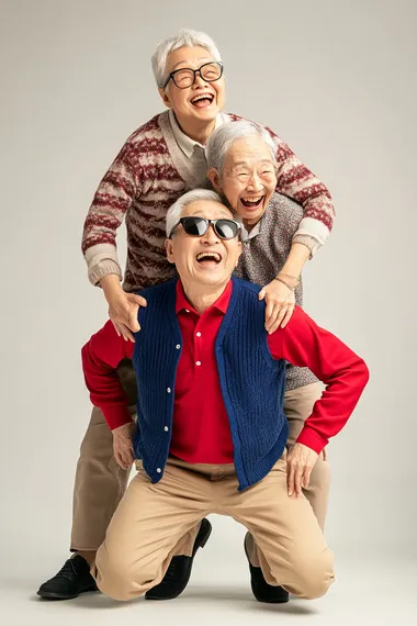 A vibrant and heartwarming scene featuring a 55-year-old realistic Asian Taiwanese male. He wears a bright red shirt under a vivid blue knit vest and tight khaki pants, paired with sleek black sunglasses. He is kneeling on one knee with his back arched and turned sideways, joyfully supporting his elderly parents who are sitting on his back as if steering him. The family radiates happiness, laughing together in a lively and playful moment. The setting is a clean, white photography studio, evoking the feel of a modern family portrait session with a bright and cheerful atmosphere, full of life and energy.