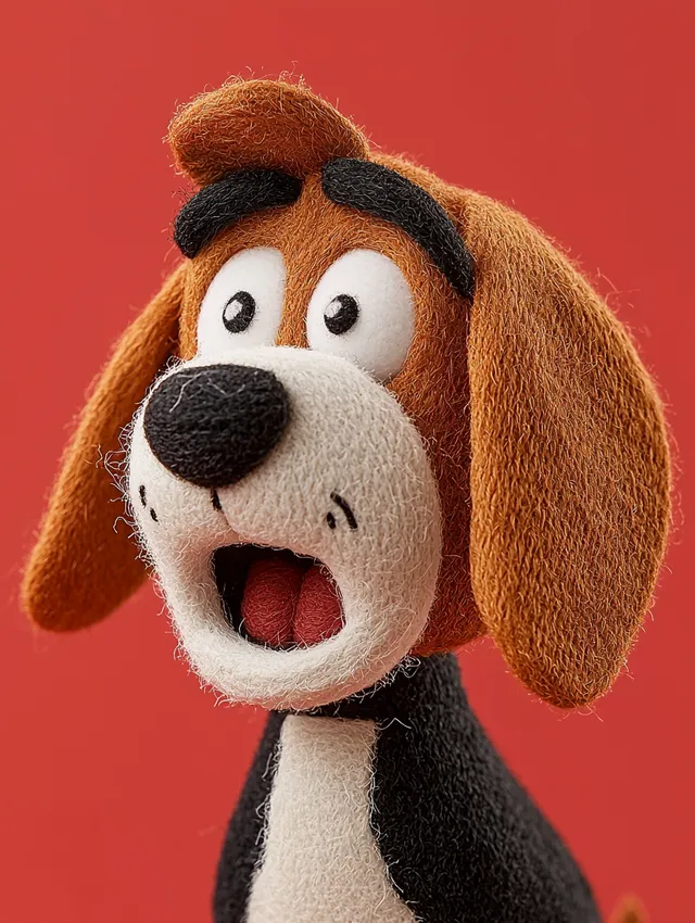 Mischievous Beagle Stuffed Animal Close-Up on Vibrant Red Background