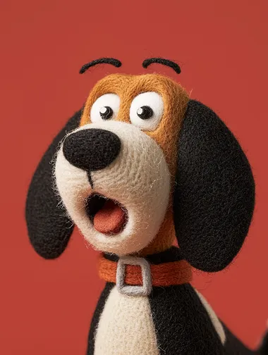 A mischievous beagle with a smooth, shiny body, open mouth in surprise, raised eyebrow with an embarrassed expression, close-up shot on a red background, head looking at the camera in a 3/4 side view, Pixar and children's book illustration style, wool felt fabric art, Mo Willems style.    rofile gcw88m7  --s 750