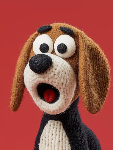 A mischievous beagle with a smooth, shiny body, open mouth in surprise, raised eyebrow with an embarrassed expression, close-up shot on a red background, head looking at the camera in a 3/4 side view, Pixar and children's book illustration style, wool felt fabric art, Mo Willems style.    rofile gcw88m7  --s 750