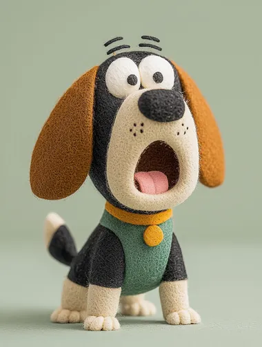 A mischievous beagle with a smooth, shiny body, open mouth in surprise, raised eyebrow with an embarrassed expression, close-up shot on a red background, head looking at the camera in a 3/4 side view, Pixar and children's book illustration style, wool felt fabric art, Mo Willems style.    rofile gcw88m7  --s 750