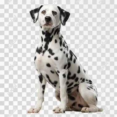 front view of an adult dalmatian dog sitting upright with a proud, statuesque posture, one front paw raised as if posing, chest out, neck extended, and head turned toward the camera with eye contact, elegant, confident expression, isolated on a clean white background, full body, soft shadows, studio lighting, ultra-detailed realistic fur