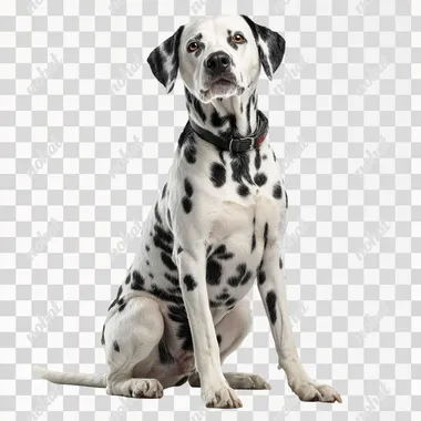 front view of an adult dalmatian dog sitting upright with a proud, statuesque posture, one front paw raised as if posing, chest out, neck extended, and head turned toward the camera with eye contact, elegant, confident expression, isolated on a clean white background, full body, soft shadows, studio lighting, ultra-detailed realistic fur