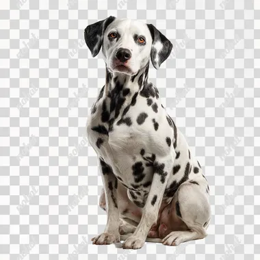 front view of an adult dalmatian dog sitting upright with a proud, statuesque posture, one front paw raised as if posing, chest out, neck extended, and head turned toward the camera with eye contact, elegant, confident expression, isolated on a clean white background, full body, soft shadows, studio lighting, ultra-detailed realistic fur