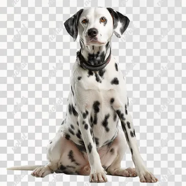 front view of an adult dalmatian dog sitting upright with a proud, statuesque posture, one front paw raised as if posing, chest out, neck extended, and head turned toward the camera with eye contact, elegant, confident expression, isolated on a clean white background, full body, soft shadows, studio lighting, ultra-detailed realistic fur