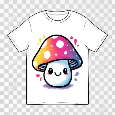 mushroom tshirt design graphic, cute happy kawaii style, colorful, clear outline, vector, contour, white background