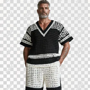 A tall, handsome, muscular, slightly bearded middle-aged man wearing a black and white crochet hollow V-neck loose sweater with short sleeves and white and black straight pants. The collar and hem are ribbed knitted. The model is standing facing the camera. High-definition real shot, light gray background, main clothing, old money style