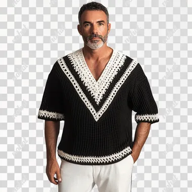 A tall, handsome, muscular, slightly bearded middle-aged man wearing a black and white crochet hollow V-neck loose sweater with short sleeves and white and black straight pants. The collar and hem are ribbed knitted. The model is standing facing the camera. High-definition real shot, light gray background, main clothing, old money style