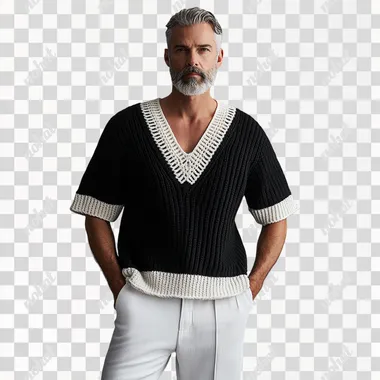 A tall, handsome, muscular, slightly bearded middle-aged man wearing a black and white crochet hollow V-neck loose sweater with short sleeves and white and black straight pants. The collar and hem are ribbed knitted. The model is standing facing the camera. High-definition real shot, light gray background, main clothing, old money style