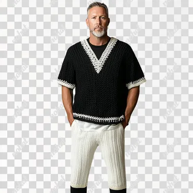 A tall, handsome, muscular, slightly bearded middle-aged man wearing a black and white crochet hollow V-neck loose sweater with short sleeves and white and black straight pants. The collar and hem are ribbed knitted. The model is standing facing the camera. High-definition real shot, light gray background, main clothing, old money style
