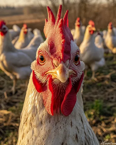 White chickens in the background, focus on a close-up of one friendly chicken's head with a red comb and beak, gentle expression, warm and inviting pose, soft eyes, a harmonious group of hens in the foreground, natural farm environment, warm golden hour lighting, cozy brown and beige background, shot from a friendly angle, soft morning light, vibrant yet gentle colors, hyperrealistic details, 8K resolution, heartwarming professional photography, extreme detail with gentle touch, photorealistic texture, Canon EOS R5, 85mm f/1.2 lens, natural lighting, lifelike feather details, joyful farm atmosphere, award-winning nature photography, wholesome National Geographic style, beautiful detail in expressive eyes and beak, warm and authentic farm scene