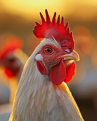 White chickens in the background, focus on a close-up of one friendly chicken's head with a red comb and beak, gentle expression, warm and inviting pose, soft eyes, a harmonious group of hens in the foreground, natural farm environment, warm golden hour lighting, cozy brown and beige background, shot from a friendly angle, soft morning light, vibrant yet gentle colors, hyperrealistic details, 8K resolution, heartwarming professional photography, extreme detail with gentle touch, photorealistic texture, Canon EOS R5, 85mm f/1.2 lens, natural lighting, lifelike feather details, joyful farm atmosphere, award-winning nature photography, wholesome National Geographic style, beautiful detail in expressive eyes and beak, warm and authentic farm scene