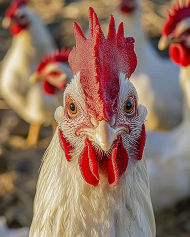 White chickens in the background, focus on a close-up of one friendly chicken's head with a red comb and beak, gentle expression, warm and inviting pose, soft eyes, a harmonious group of hens in the foreground, natural farm environment, warm golden hour lighting, cozy brown and beige background, shot from a friendly angle, soft morning light, vibrant yet gentle colors, hyperrealistic details, 8K resolution, heartwarming professional photography, extreme detail with gentle touch, photorealistic texture, Canon EOS R5, 85mm f/1.2 lens, natural lighting, lifelike feather details, joyful farm atmosphere, award-winning nature photography, wholesome National Geographic style, beautiful detail in expressive eyes and beak, warm and authentic farm scene