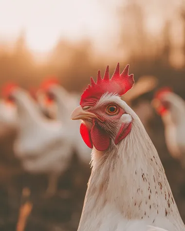 White chickens in the background, focus on a close-up of one friendly chicken's head with a red comb and beak, gentle expression, warm and inviting pose, soft eyes, a harmonious group of hens in the foreground, natural farm environment, warm golden hour lighting, cozy brown and beige background, shot from a friendly angle, soft morning light, vibrant yet gentle colors, hyperrealistic details, 8K resolution, heartwarming professional photography, extreme detail with gentle touch, photorealistic texture, Canon EOS R5, 85mm f/1.2 lens, natural lighting, lifelike feather details, joyful farm atmosphere, award-winning nature photography, wholesome National Geographic style, beautiful detail in expressive eyes and beak, warm and authentic farm scene