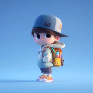 A cute little boy wearing blue hat, against a white background, in the style of C4D (Computer-Generated Imagery), 3D character design, in the style of Disney Pixar, with a solid color background, a full-body portrait, a backpack on his back, a soft light source, high-definition details, and in the style of Pixar cartoon animation. High resolution.  t35suwe