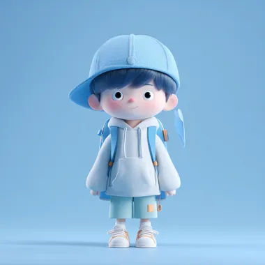 A cute little boy wearing blue hat, against a white background, in the style of C4D (Computer-Generated Imagery), 3D character design, in the style of Disney Pixar, with a solid color background, a full-body portrait, a backpack on his back, a soft light source, high-definition details, and in the style of Pixar cartoon animation. High resolution.  t35suwe