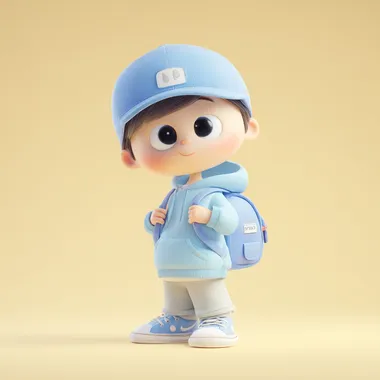 A cute little boy wearing blue hat, against a white background, in the style of C4D (Computer-Generated Imagery), 3D character design, in the style of Disney Pixar, with a solid color background, a full-body portrait, a backpack on his back, a soft light source, high-definition details, and in the style of Pixar cartoon animation. High resolution.  t35suwe
