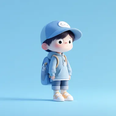 A cute little boy wearing blue hat, against a white background, in the style of C4D (Computer-Generated Imagery), 3D character design, in the style of Disney Pixar, with a solid color background, a full-body portrait, a backpack on his back, a soft light source, high-definition details, and in the style of Pixar cartoon animation. High resolution.  t35suwe