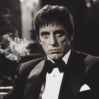 Black-and-white photograph of Al Pacino in the style of Scarface, wearing a tuxedo and smoking a cigarette.