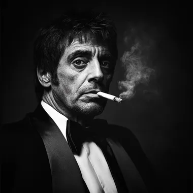 Black-and-white photograph of Al Pacino in the style of Scarface, wearing a tuxedo and smoking a cigarette.