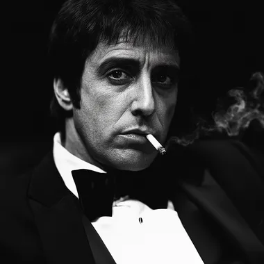 Black-and-white photograph of Al Pacino in the style of Scarface, wearing a tuxedo and smoking a cigarette.