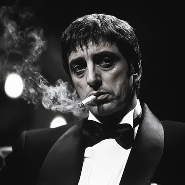 Black-and-white photograph of Al Pacino in the style of Scarface, wearing a tuxedo and smoking a cigarette.