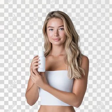 depict a white model lady who poses confidently for a super premium deodorant company website. White background. Shot by 1000mm camera. ar 3:4