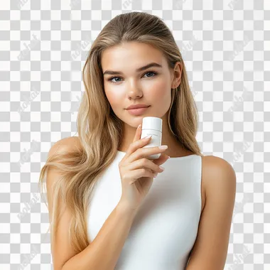 depict a white model lady who poses confidently for a super premium deodorant company website. White background. Shot by 1000mm camera. ar 3:4
