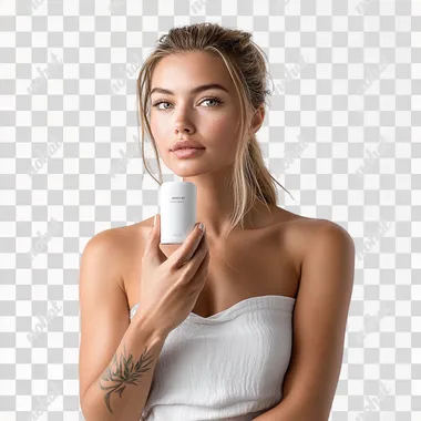 depict a white model lady who poses confidently for a super premium deodorant company website. White background. Shot by 1000mm camera. ar 3:4