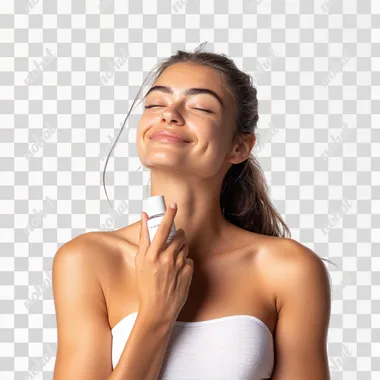 depict a white model lady who poses confidently for a super premium deodorant company website. White background. Shot by 1000mm camera. ar 3:4