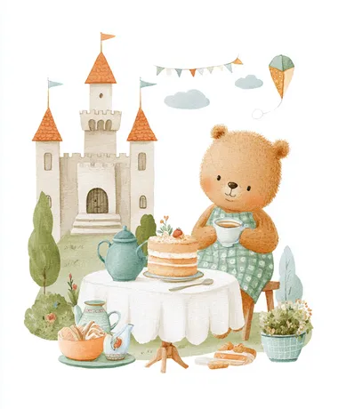 A cute little bear is drinking tea in front of the castle. A cake, a tablecloth, and a kite are on a white background, with whimsical watercolor illustrations and a collage style., 8K.  rofile k67154z