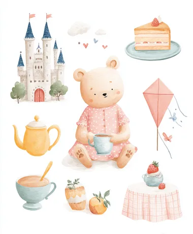 A cute little bear is drinking tea in front of the castle. A cake, a tablecloth, and a kite are on a white background, with whimsical watercolor illustrations and a collage style., 8K.  rofile k67154z