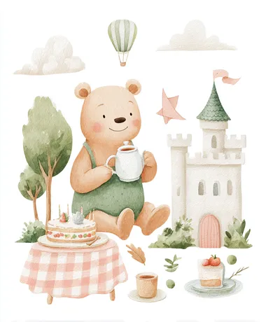 A cute little bear is drinking tea in front of the castle. A cake, a tablecloth, and a kite are on a white background, with whimsical watercolor illustrations and a collage style., 8K.  rofile k67154z