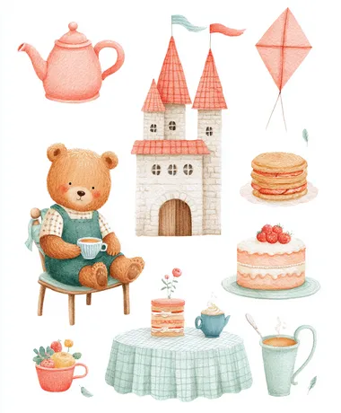 A cute little bear is drinking tea in front of the castle. A cake, a tablecloth, and a kite are on a white background, with whimsical watercolor illustrations and a collage style., 8K.  rofile k67154z