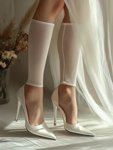 Simple wedding high heels: Like a selfie posted on social media, everyday photo style, phone photo, realistic, detailed. Pearl white high heels with a minimalist leather surface, paired with 12CM high smooth silver heels. The legs are slender and fine, with smooth and natural lines from thigh to calf. The legs are adorned with pearl-colored semi-sheer stockings, with a soft texture that adheres to the skin. The leg contours appear more refined and elongated under the sheer fabric, with the skin emitting a warm and gentle glow under soft lighting  --s 250