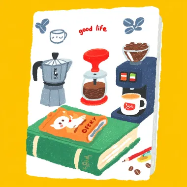 This is an illustrated notebook with the theme of "good life". A cozy watercolor-style illustration set with a coffee theme, featuring a moka pot, semi-automatic espresso machine, coffee grinder, pour-over coffee dripper, coffee cup, and a bag of coffee beans, hand written letters say Coffee and Bakery, which may be used for notes on your daily cuisine,in a watercolor style  1400694358 2717049864   rllw4x1 zazech2 --sv 4