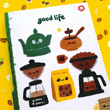 This is an illustrated notebook with the theme of "good life". A cozy watercolor-style illustration set with a coffee theme, featuring a moka pot, semi-automatic espresso machine, coffee grinder, pour-over coffee dripper, coffee cup, and a bag of coffee beans, hand written letters say Coffee and Bakery, which may be used for notes on your daily cuisine,in a watercolor style  1400694358 2717049864   rllw4x1 zazech2 --sv 4